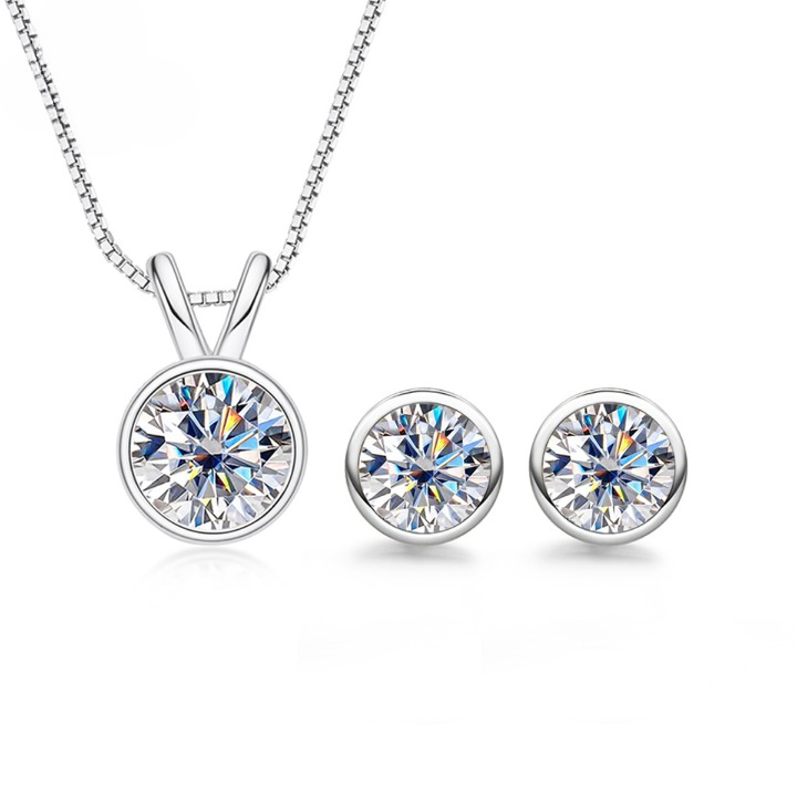 Jewellery Set 2ct Bezel Set Moissanite Necklace and 1ct Moissanite Earrings