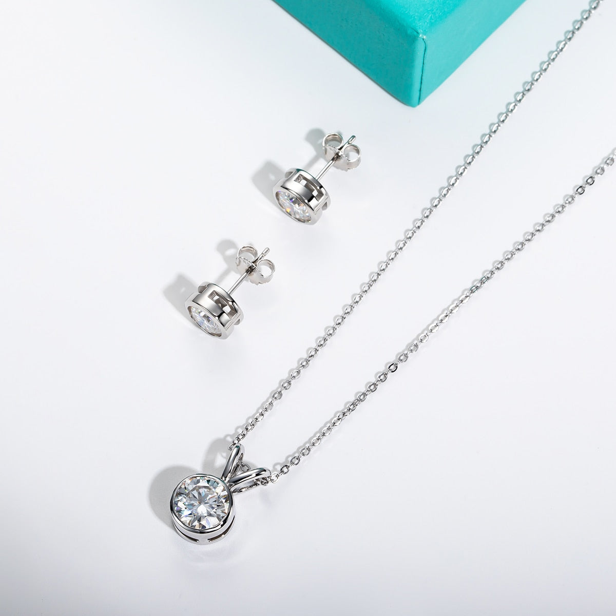 Jewellery Set 2ct Bezel Set Moissanite Necklace and 1ct Moissanite Earrings