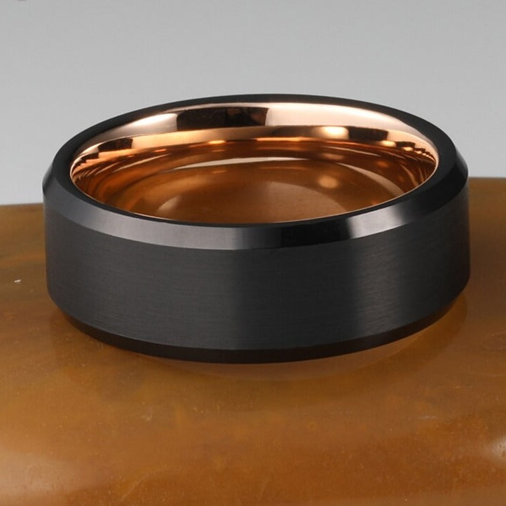 mens tungsten ring black brushed finish bevelled edge