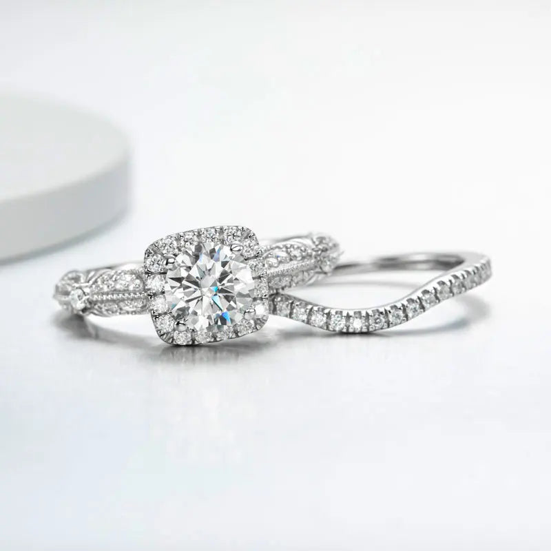 Sterling Silver Halo Moissanite Diamond Ring Set