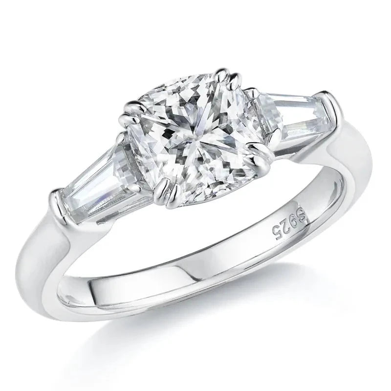 2 Carat Cushion Cut Moissanite Diamond Three Stone Ring Sterling Silver