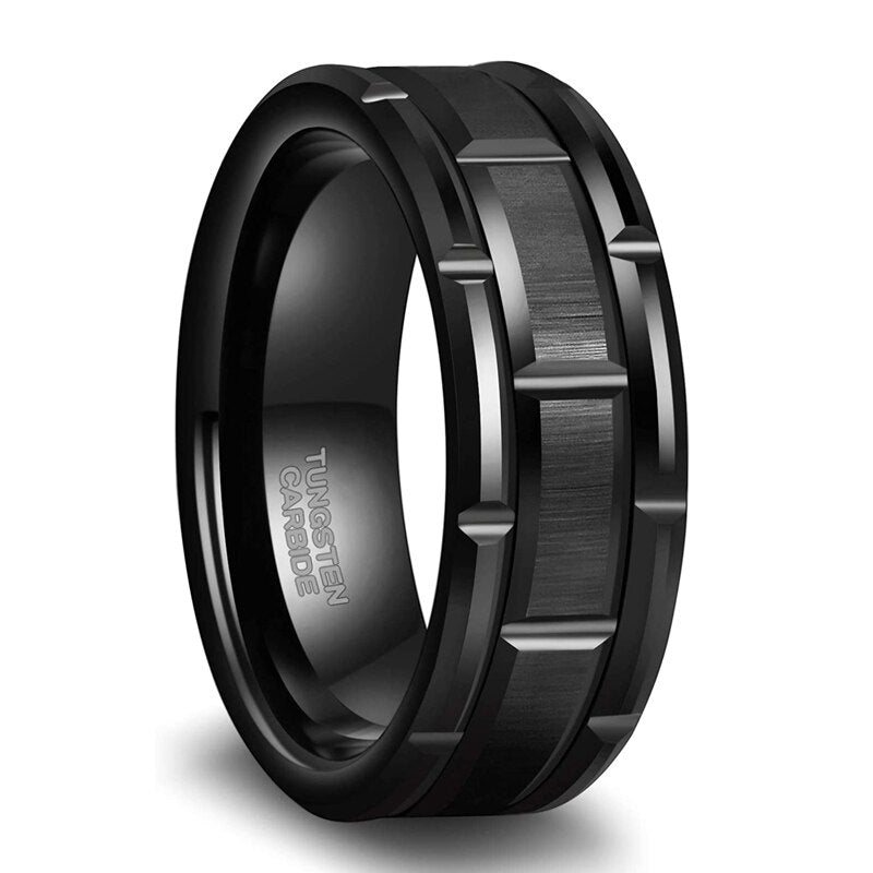 8mm Brick Pattern Mens Tungsten Ring Brushed Finish Comfort Fit Black