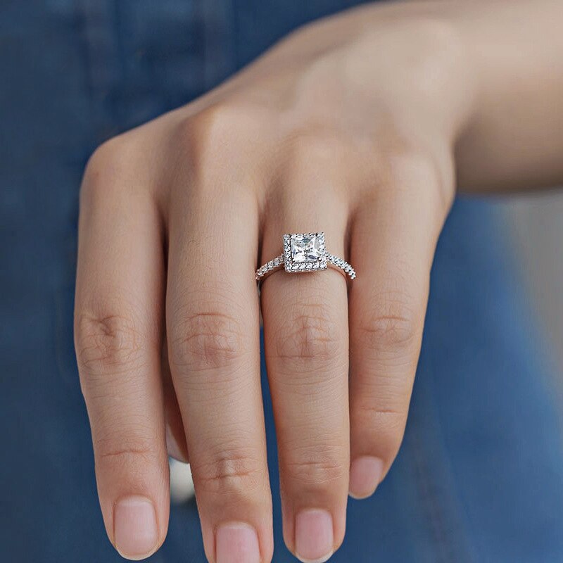 Sterling Silver Square Cut Moissanite Halo Engagement Ring Australia
