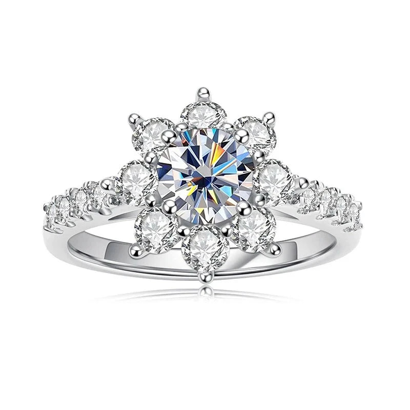 0.8 Carat Moissanite Diamond Flower Halo Ring Sterling Silver