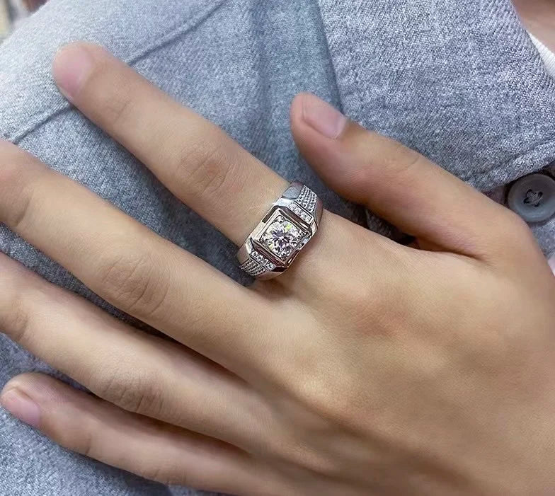 1 Carat Mens Moissanite Diamond Ring Sterling Silver