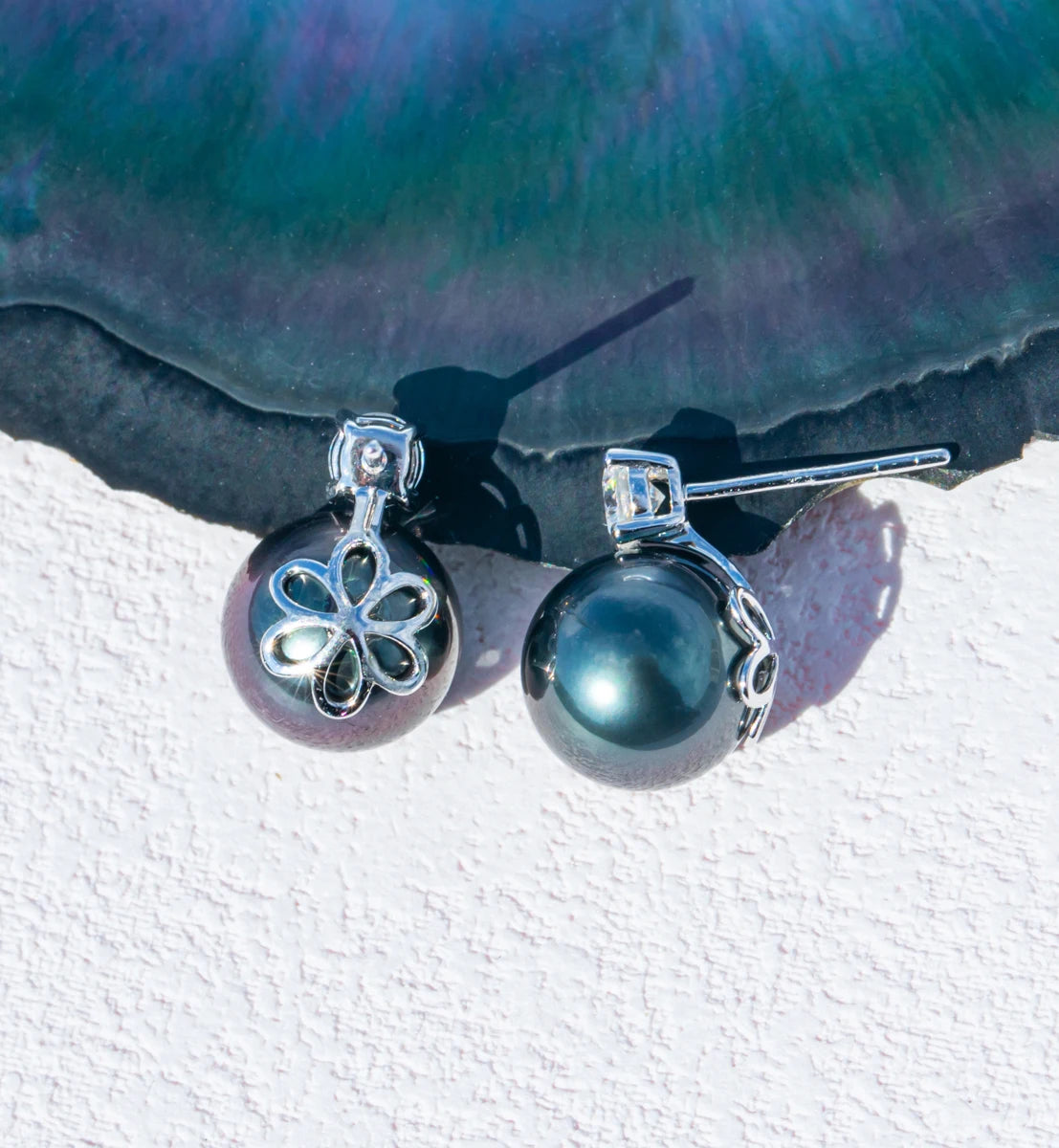 10K White Gold Black Pearl Moissanite Stud Earrings Holloway Jewellery
