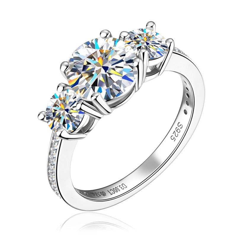 Moissanite Diamond Three Stone Ring Sterling Silver