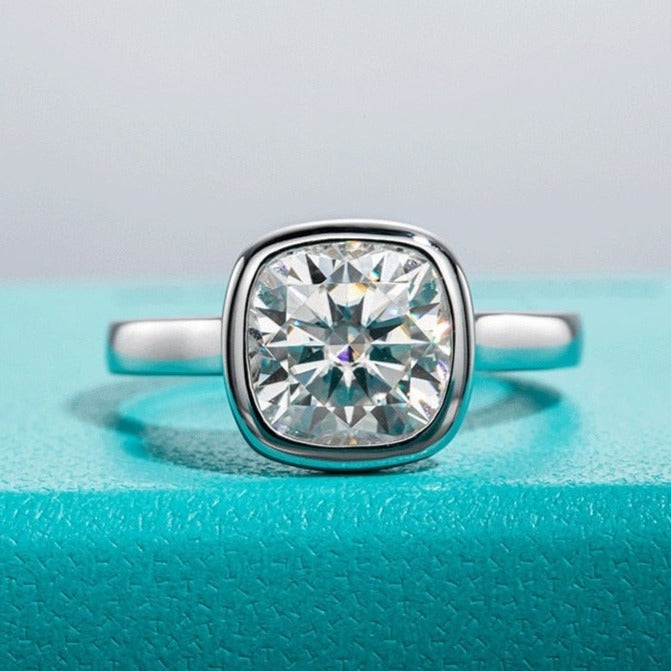 3 Carat Cushion Cut Bezel Moissanite Diamond Ring Sterling Silver