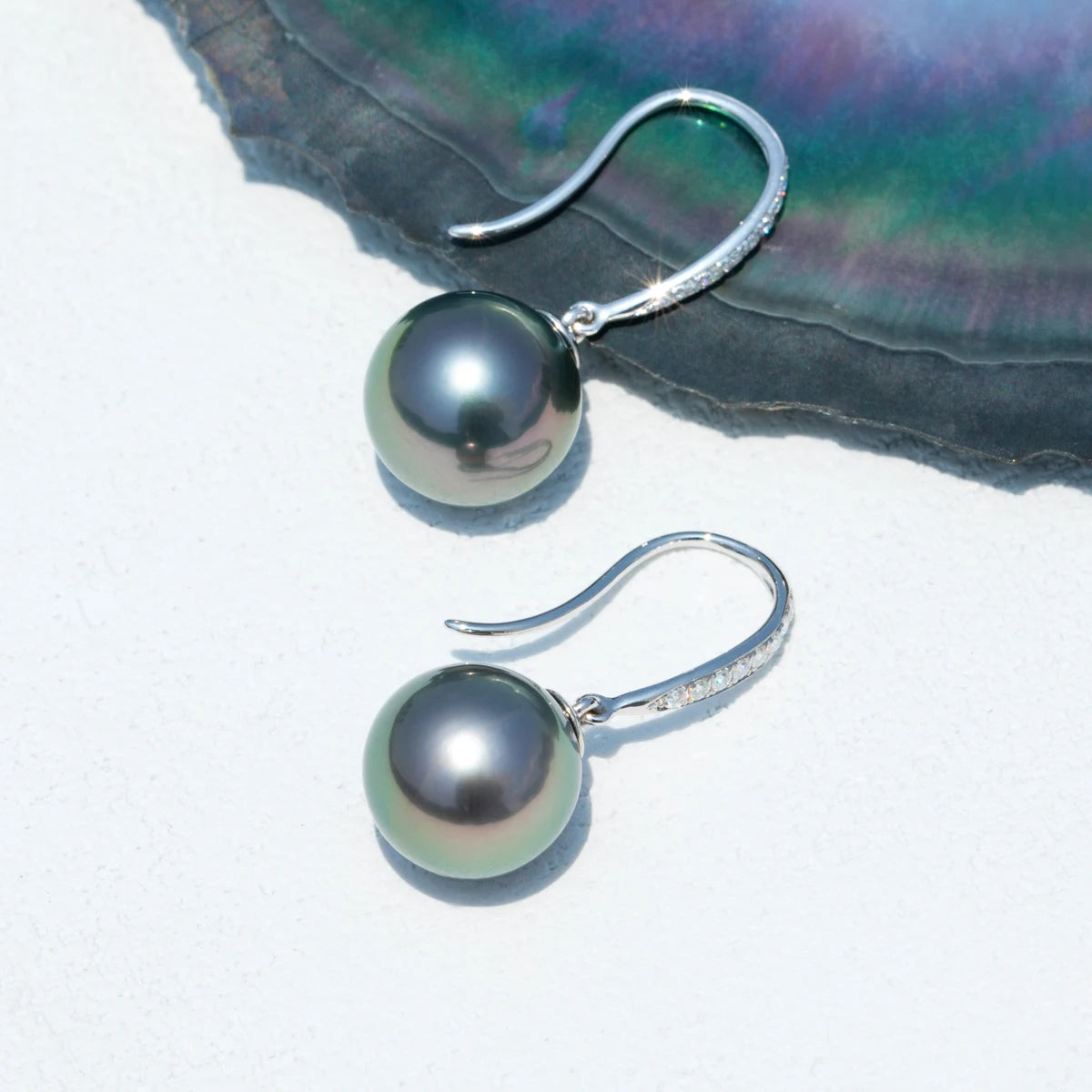 10K White Gold Tahitian Black Pearl Moissanite Diamond Earrings Holloway Jewellery Canada