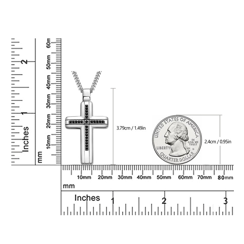 Silver Cross Necklace 1.2mm Black Moissanite Pendant Cuban Chain - Mens / Womens
