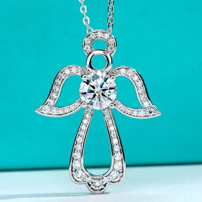 2ct Moissanite Diamond Angel Wings Pendant Necklace Sterling Silver