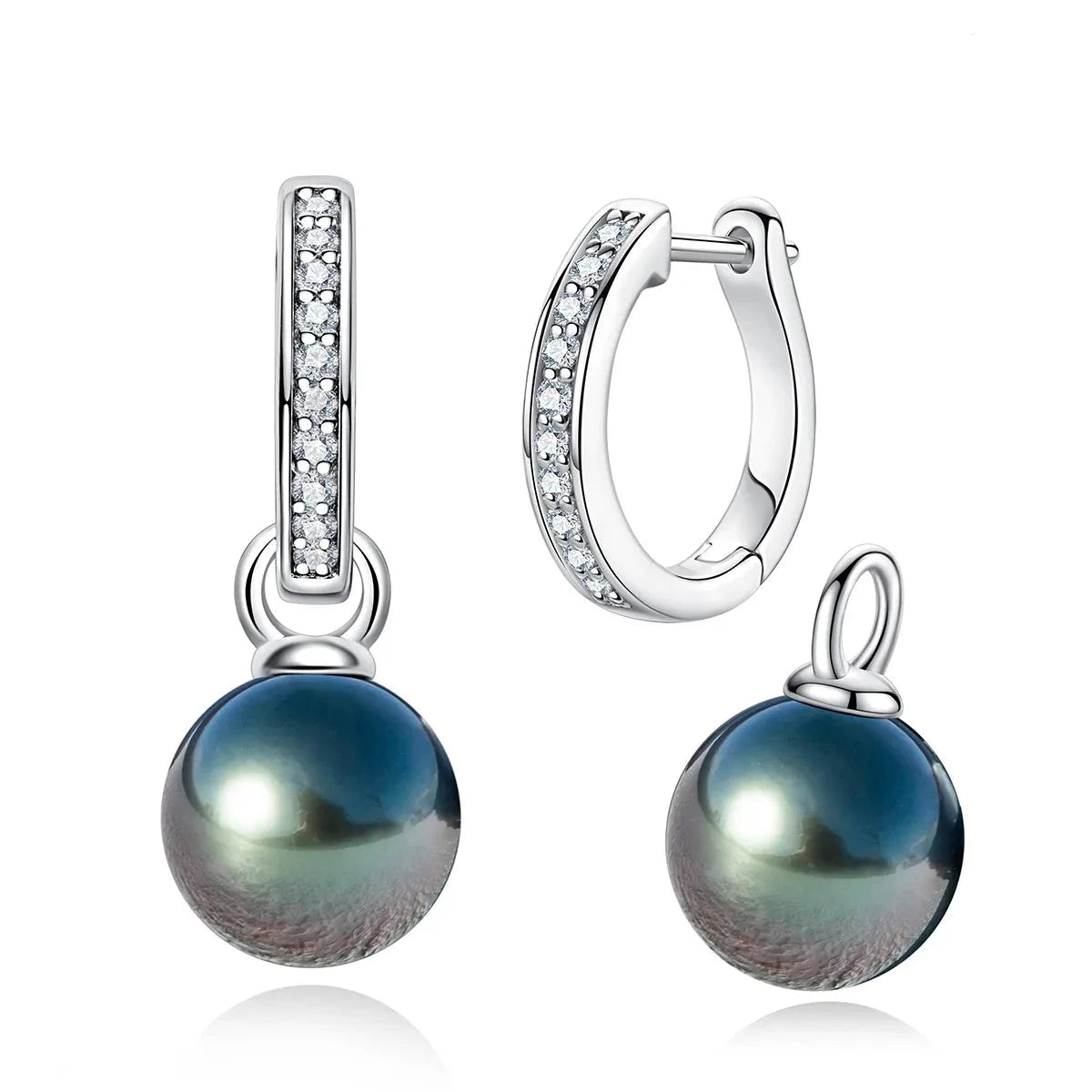 Tahitian Black Pearl Moissanite Huggie Hoop Earrings Sterling Silver
