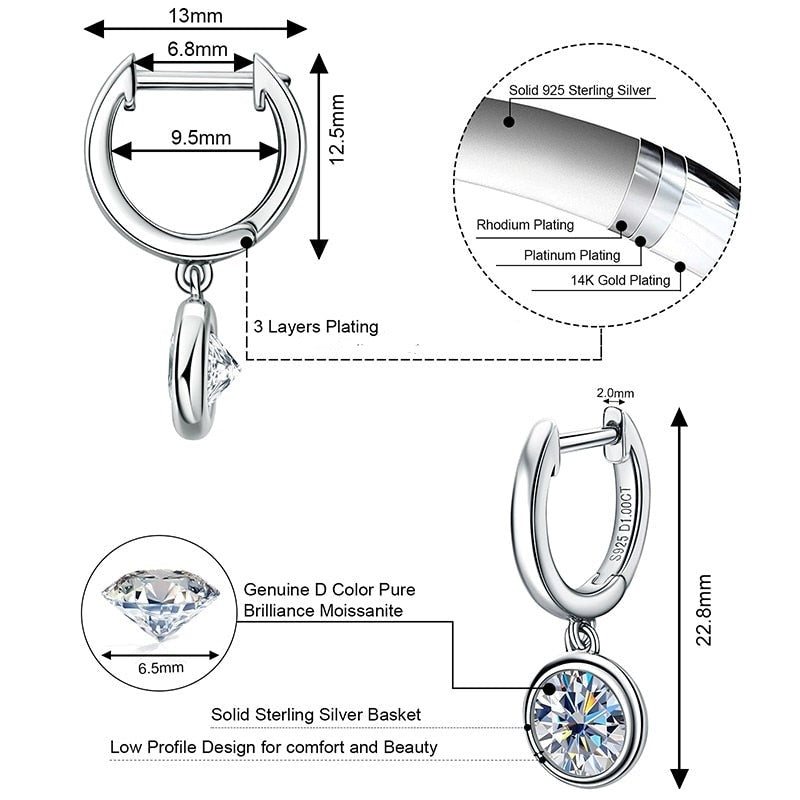 6.5mm Moissanite Diamond Dangle Drop Earrings NZ