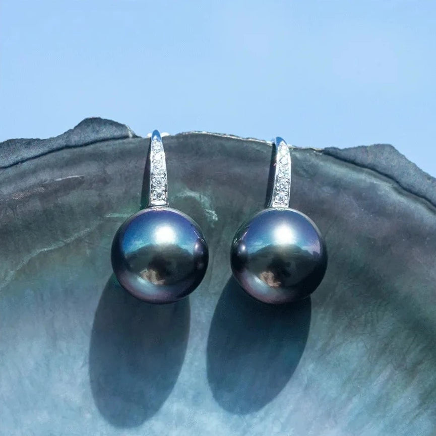 10K White Gold Black Pearl Moissanite Earrings