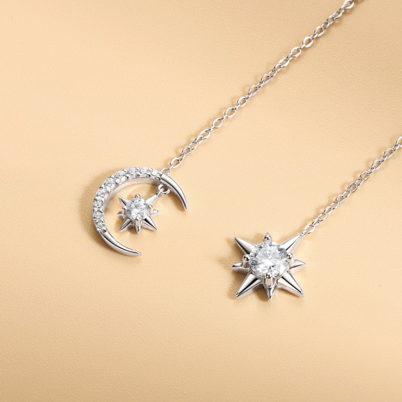 Star And Moon Moissanite Drop Long Chain Earrings Sterling Silver