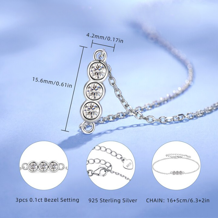 Three Stone Moissanite Diamond Bracelet Sterling Silver
