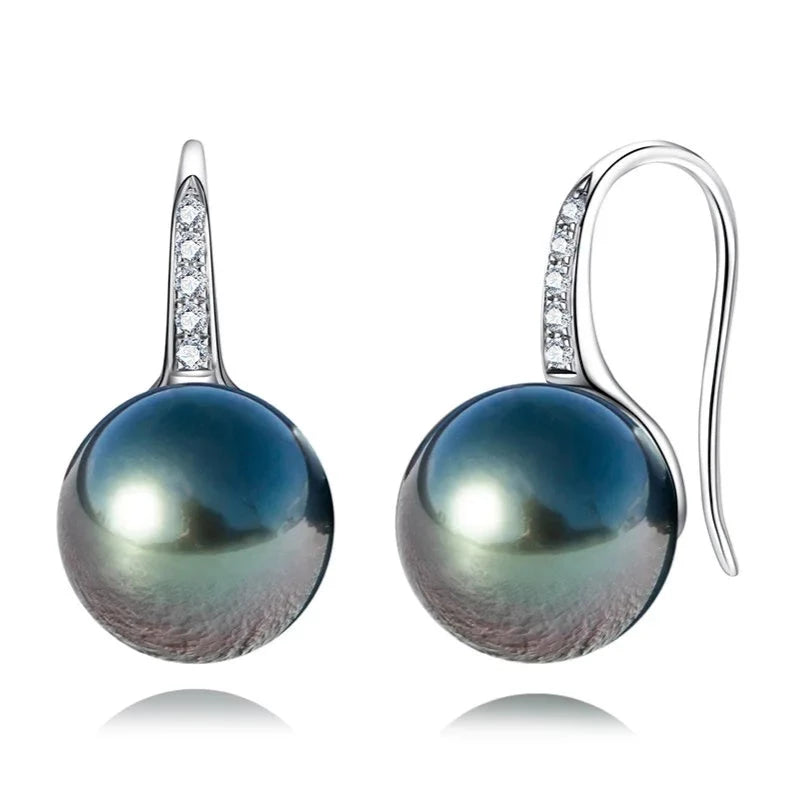 Tahitian Black Pearl Moissanite Diamond Drop Earrings 10K White Gold