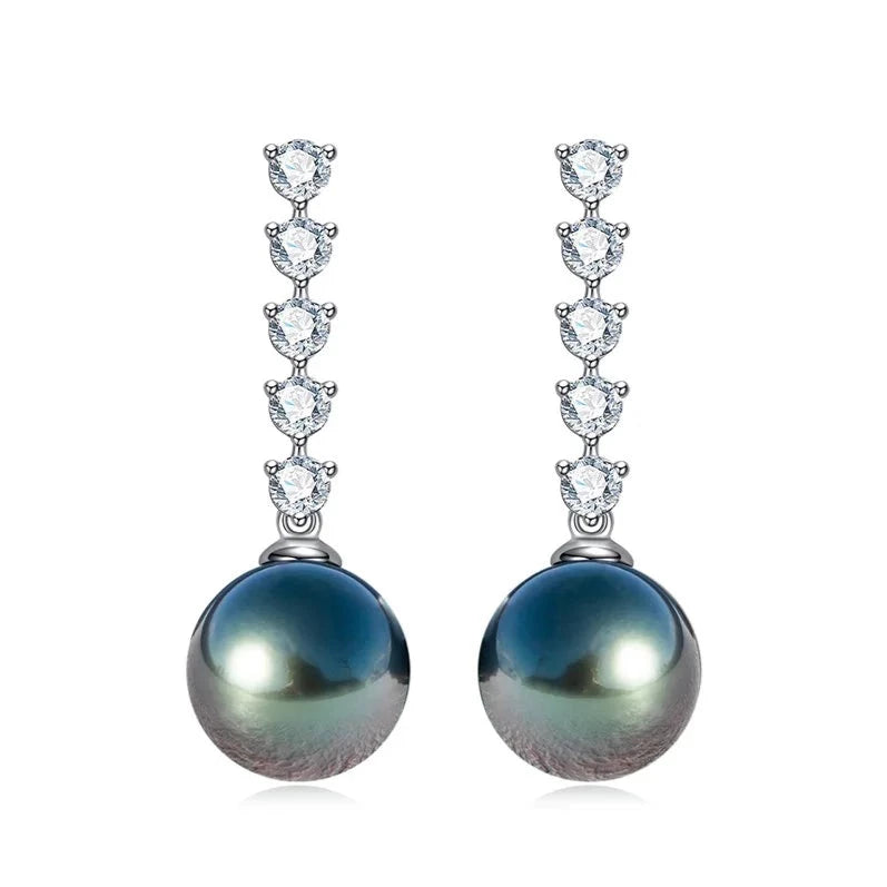 Tahitian Black Pearl Moissanite Diamond Earrings 10K White Gold
