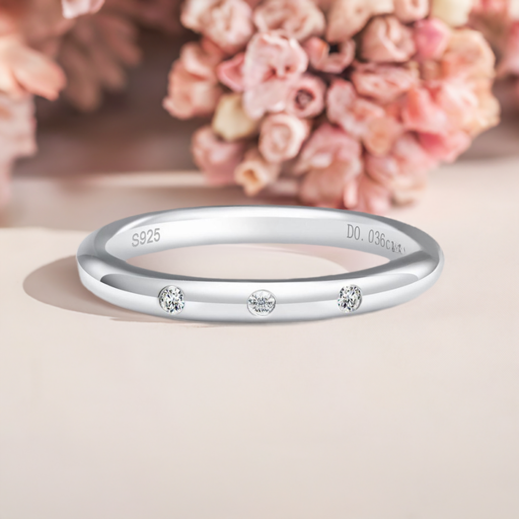 0.036cttw 3 Stone Moissanite Diamond Ring Sterling Silver Band