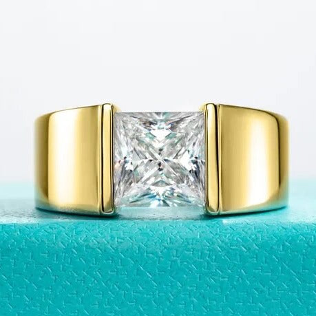yellow gold plated mens moissanite ring princess cut 3ct moissanite