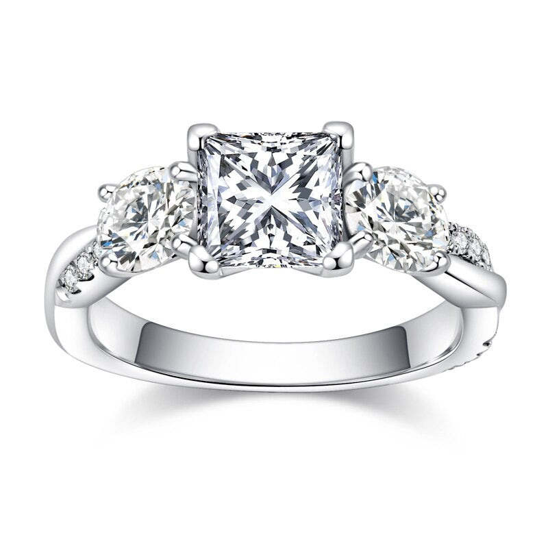 Princess Cut Three Stone Moissanite Diamond Engagement Ring Sterling Silver
