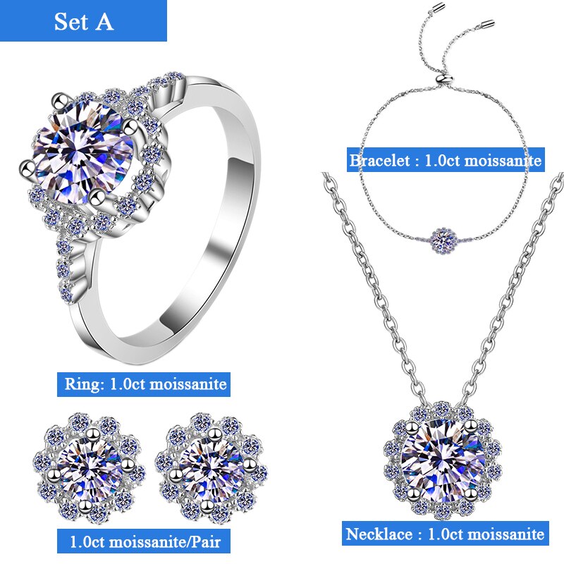 Moissanite Jewellery Set Sterling Silver Necklace Bracelet Earrings Ring
