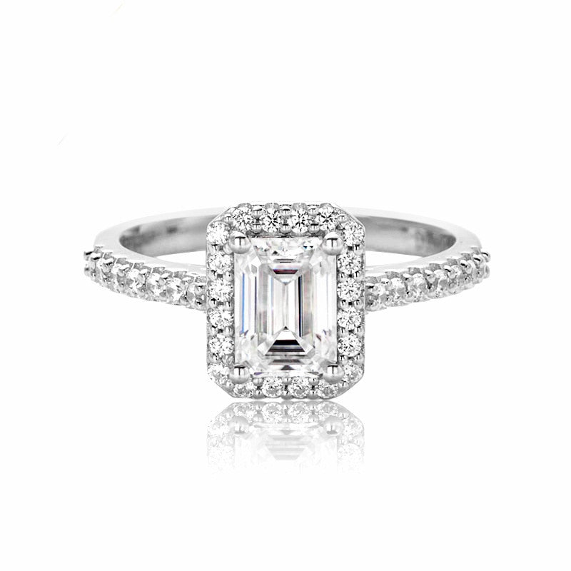 1 Carat Emerald Cut Moissanite Diamond Halo Engagement Ring Sterling Silver