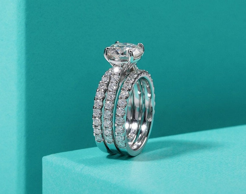 3ct Main Stone Moissanite Sterling Silver Ring Set