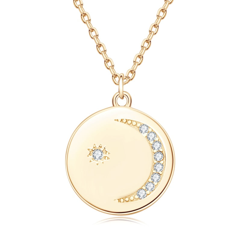 Moon North Star Moissanite Diamond Round Pendant Necklace Sterling Silver