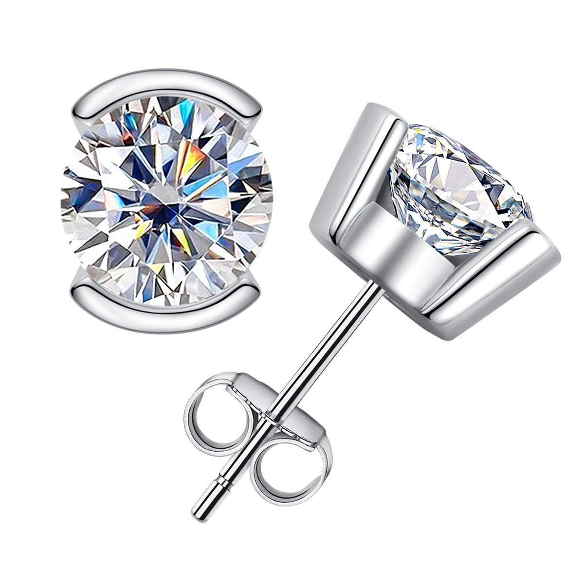 Half Bezel Moissanite Diamond Stud Earrings Sterling Silver