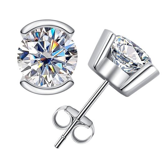 Half Bezel Moissanite Diamond Stud Earrings Sterling Silver