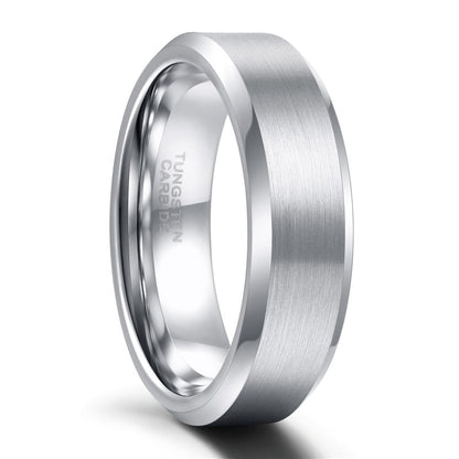 6mm Tungsten Carbide Ring Mens Brushed Silver Colour Bevelled Edge