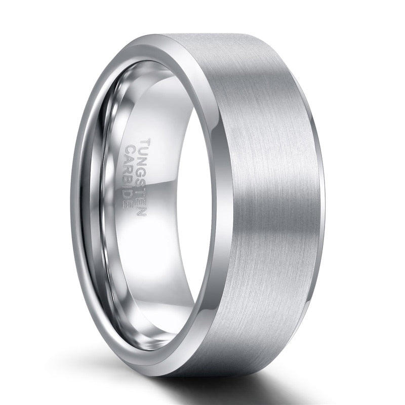 8mm Tungsten Carbide Ring Mens Brushed Silver Colour Bevelled Edge