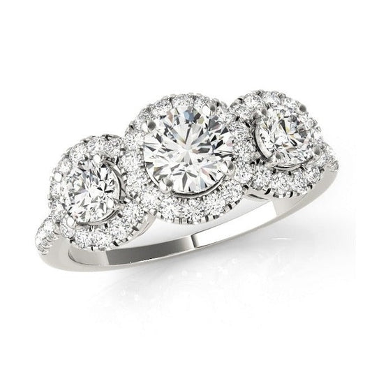 Moissanite Diamond Halo Three Stone Engagement Ring Sterling Silver