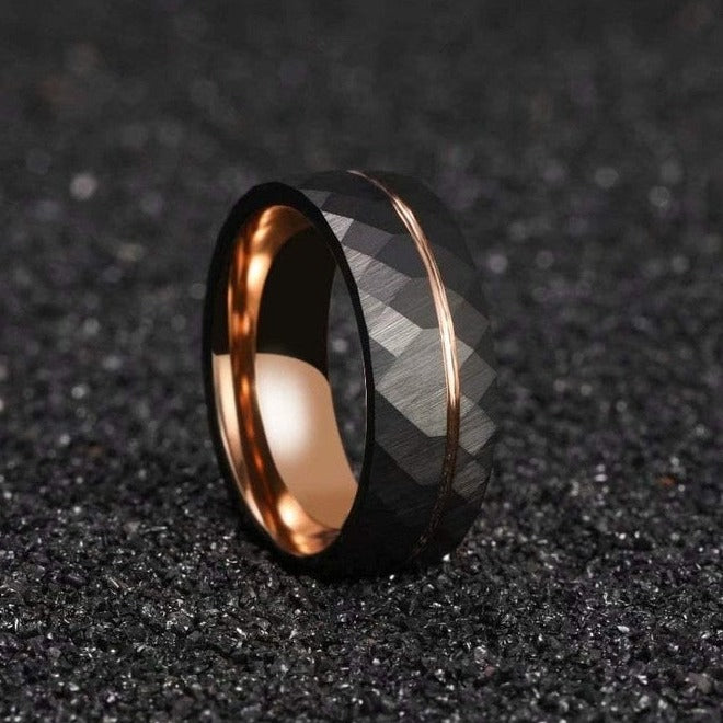 mens tungsten carbide ring black rose gold modern finish 8mm wide