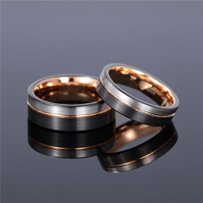 tungsten rings suitable as couples rings 6mm / 8mm Mens Tungsten Ring Black Rose Gold Line Brushed Finish