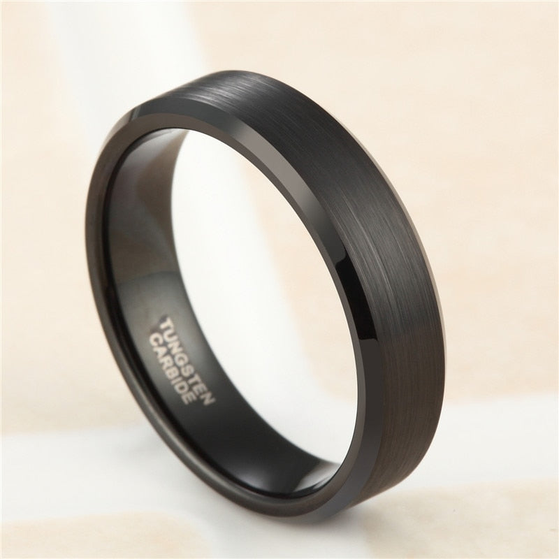6mm / 8mm / 10mm Tungsten Carbide Ring Mens Womens Brushed Black Colour Bevelled Edge