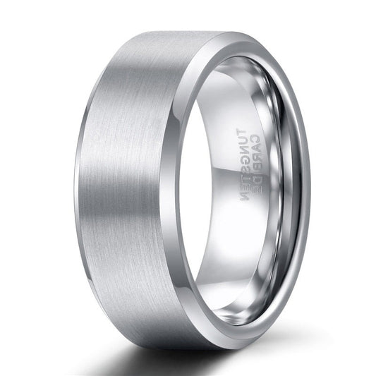 8mm Tungsten Carbide Ring Mens Womens Brushed Silver Colour Bevelled Edge