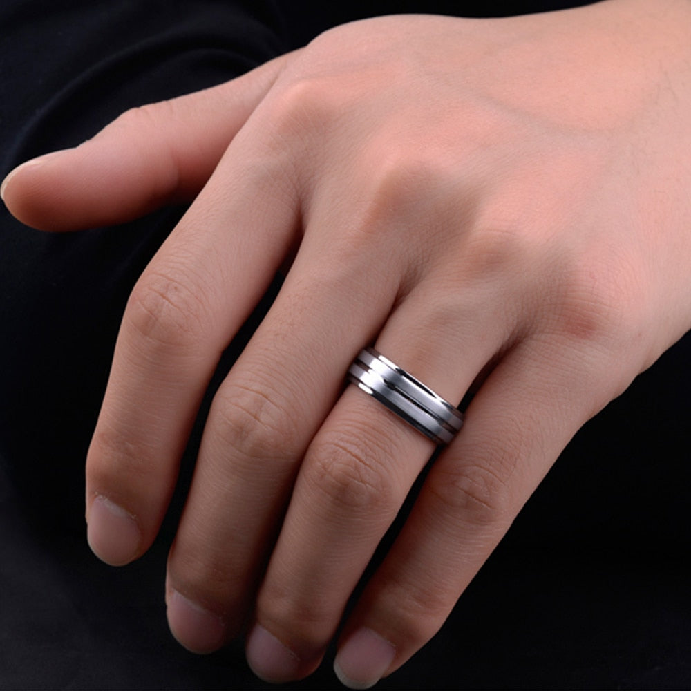 8mm Tungsten Carbide Stepped Groove Mens Ring / Mens Wedding Band