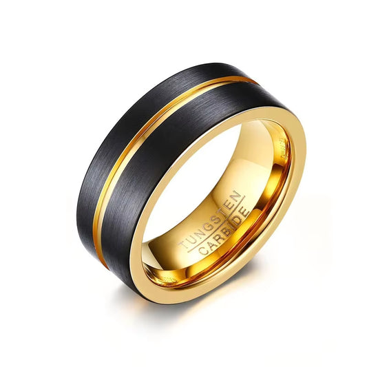 8mm Mens Tungsten Ring Black Brushed Finish Flat Band With Gold Groove