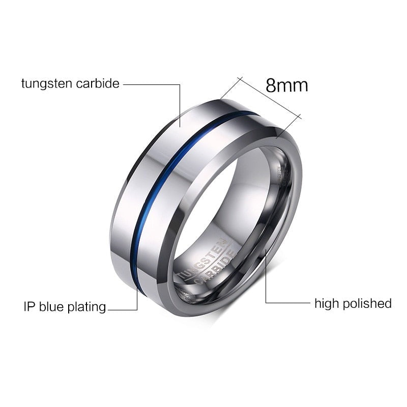 8mm Tungsten Carbide Blue Line Groove Mens Ring Mens Wedding Band