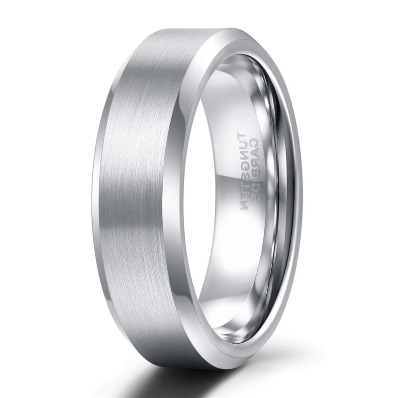 6mm Tungsten Carbide Ring Mens Womens Brushed Silver Colour Bevelled Edge