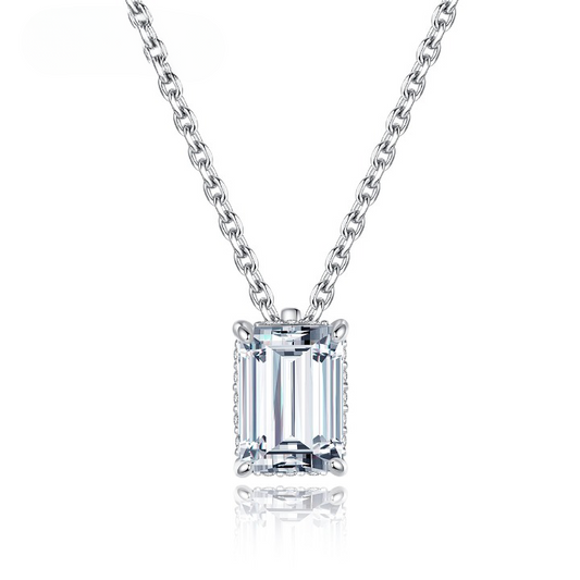 1 Carat Emerald Cut Moissanite Diamond Pendant Sterling Silver Necklace