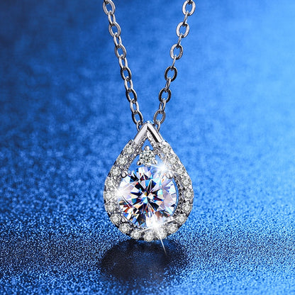1 Carat Moissanite Diamond Pear Shape Necklace Sterling Silver Halo Pendant