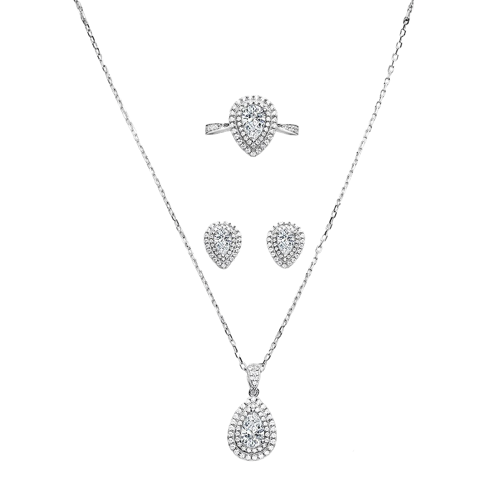 Halo Pear Shape Moissanite Diamond Jewellery Set Earrings Necklace Ring Set Sterling Silver