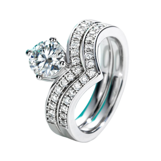 1ct Moissanite Diamond Ring With V Shape Half Eternity Ring Set Sterling Silver