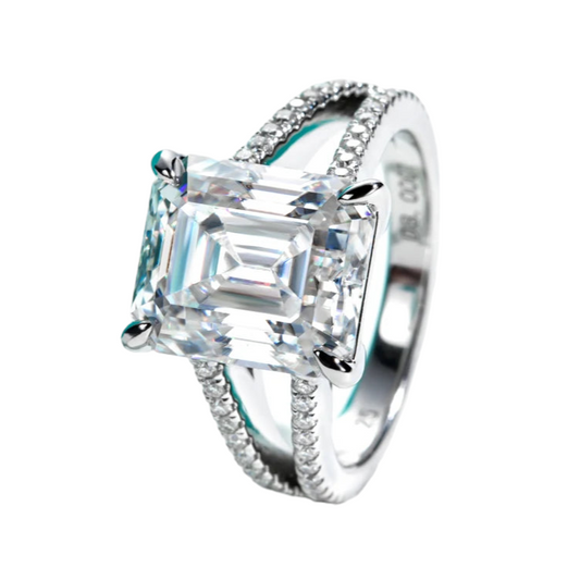 8ct Emerald Cut Moissanite Diamond Ring Sterling Silver