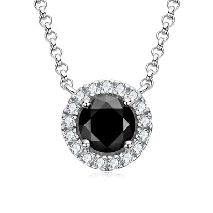 1 Carat Round Cut Black Moissanite Diamond Sterling Silver Halo Pendant Necklace 