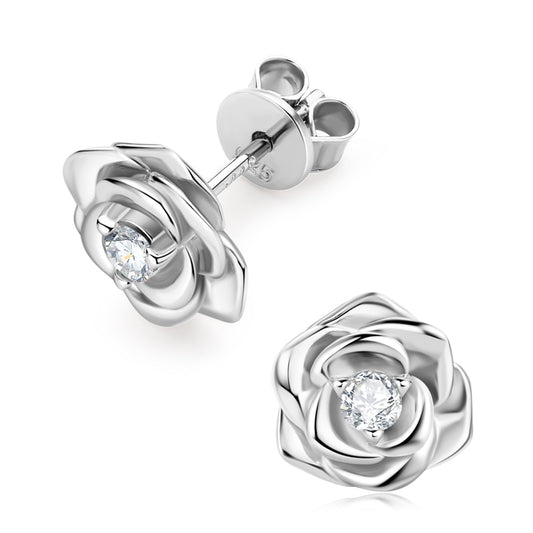 Rose Flower Moissanite Diamond Stud Earrings Sterling Silver