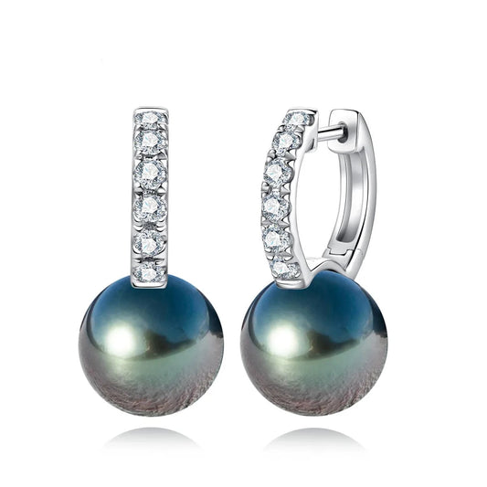 Tahitian Black Pearl Moissanite Diamond Earrings 10K White Gold